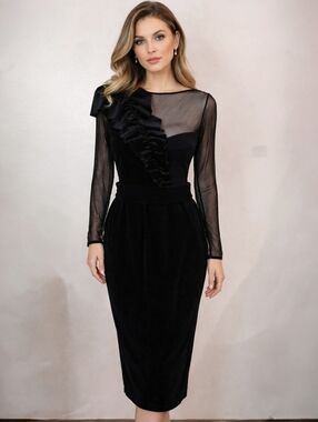 Chiara Boni La Petite Robe Ruffle Front Illusion Velvet Dress Black IT 48 US 12